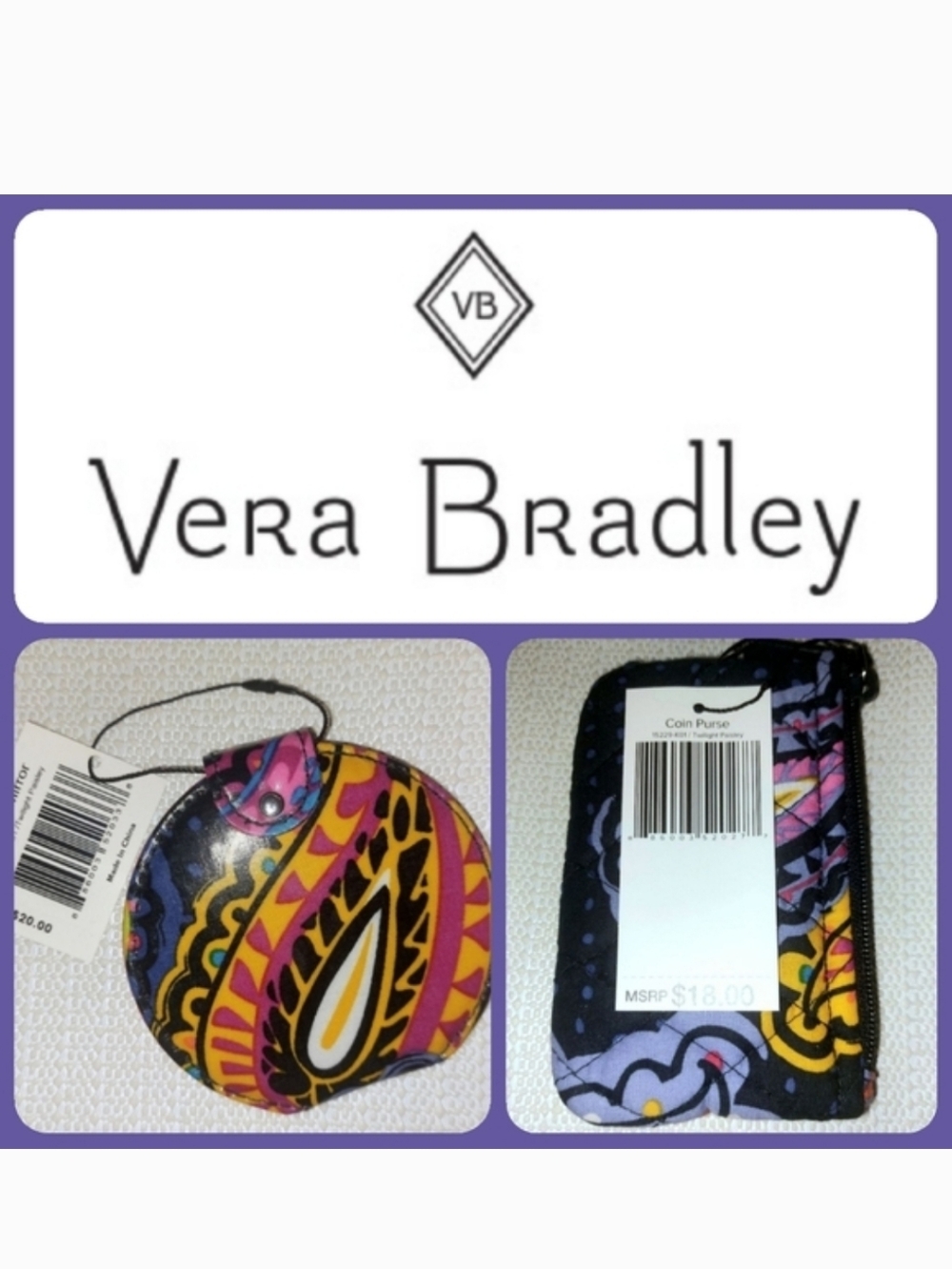🌷3/$20🌷Vera Bradley Twilight Paisley NWT Mirror & Coin Purse